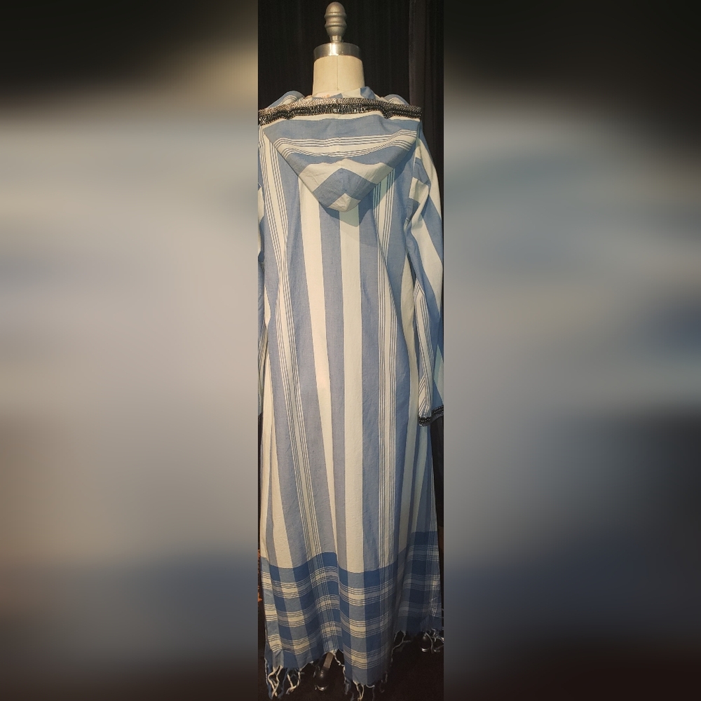 NWT. Tory Burch pinstripe blue white Striped Hood Kaftan sequins embroid   dress - Picture 8 of 16